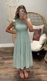 SEAFOAM SMOCKED RUFFLE SLEEVE TIERED DRESS