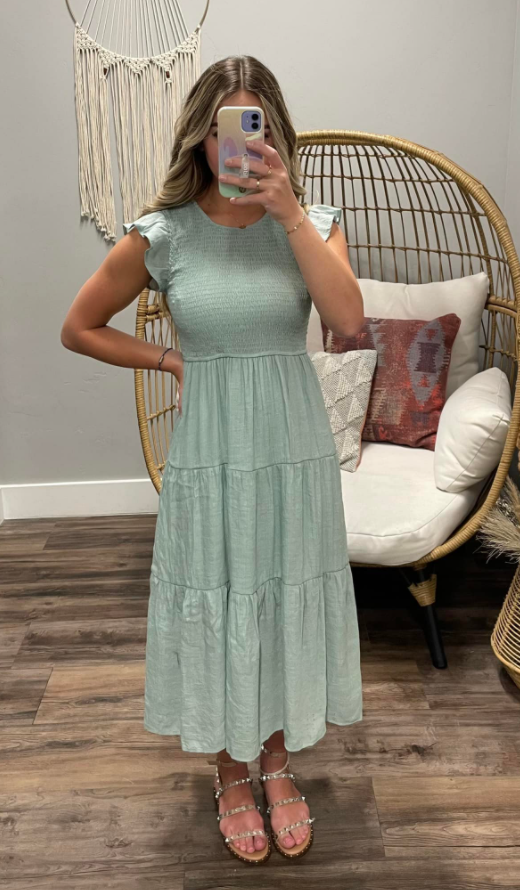 SEAFOAM SMOCKED RUFFLE SLEEVE TIERED DRESS