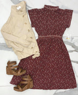 BURGUNDY DITSY FLORAL DRESS