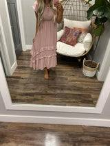 MAUVE LACE DETAIL FLUTTER SLEEVE DRESS