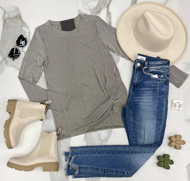 OLIVE RIBBED CONTRAST LONG SLEEVE TWIST FRONT TOP