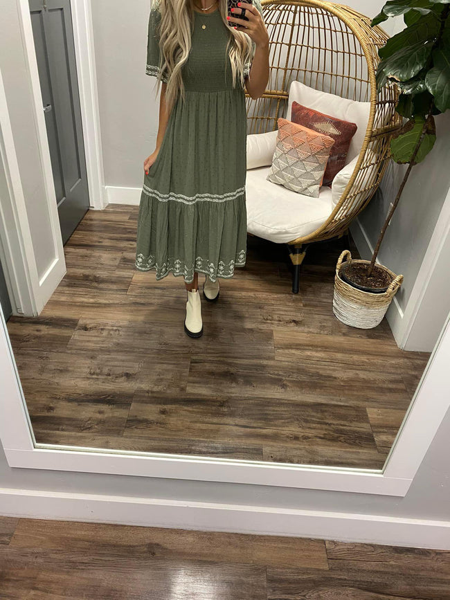 SAGE GREEN EMBROIDERED SWISS DOT DRESS