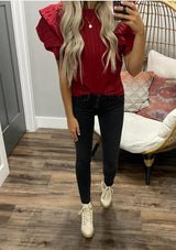 WINE PUFF RUFFLE SLEEVE BLOUSE