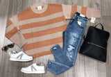 PEACH AND TAUPE STRIPE KNIT SWEATER
