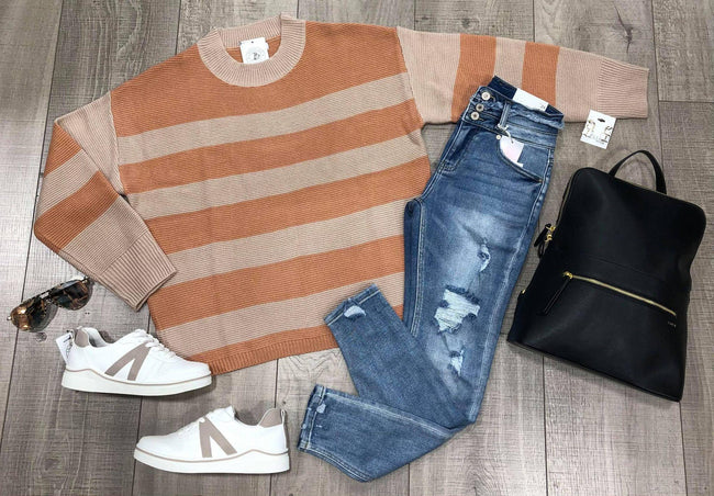 PEACH AND TAUPE STRIPE KNIT SWEATER