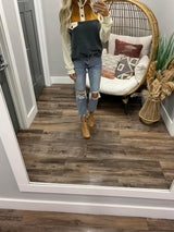 TEAL MUSTARD COLORBLOCK BUTTON SWEATER TOP