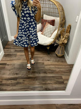 NAVY FLORAL RUFFLE SLEEVE DRESS