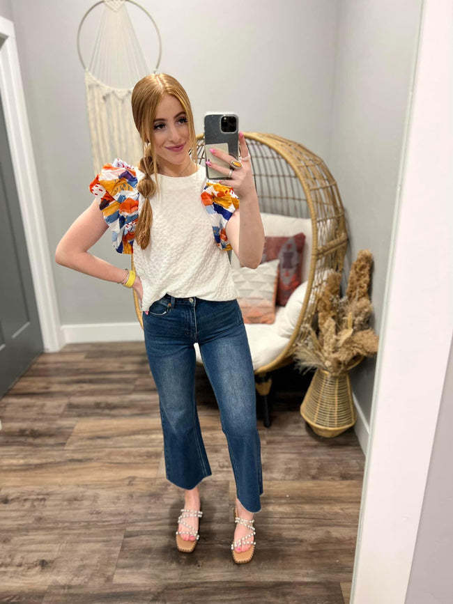 IVORY MULTI COLOR RUFFLE SLEEVE BLOUSE