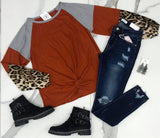 RUST LEOPARD COLORBLOCK KNOT FRONT TOP