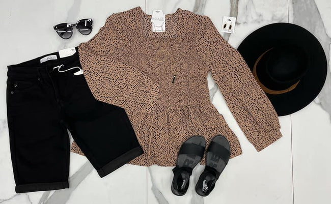 TAUPE ANIMAL PRINT SMOCKED BLOUSE