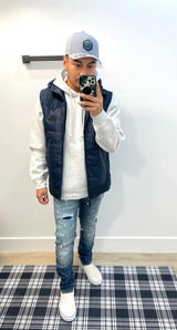 MENS ROCK & ROLL INDIGO PUFFER HOODED VEST