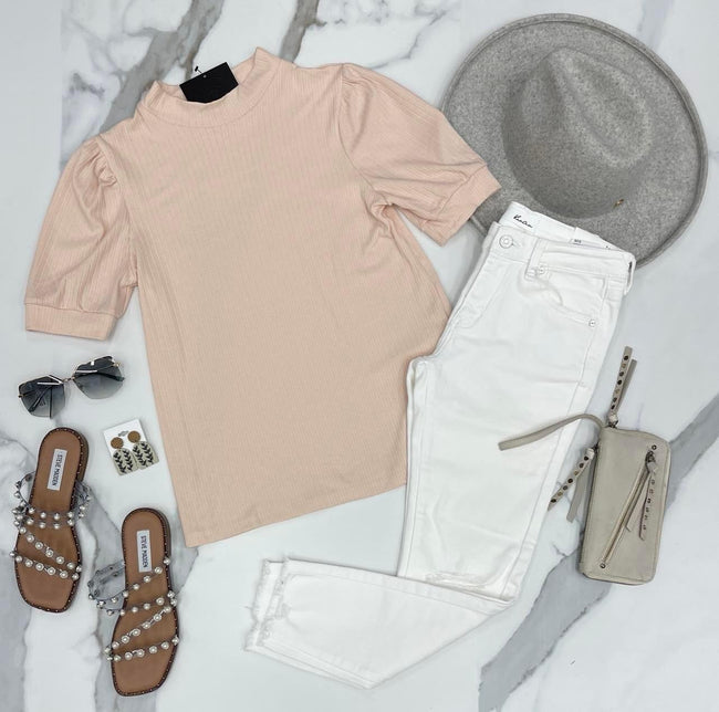 PEACH RIBBED PUFF SLEEVE TOP