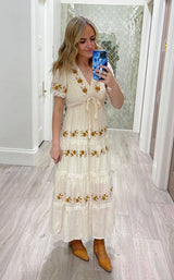 CREAM AND CAMEL EMBROIDERED FLORAL DRESS