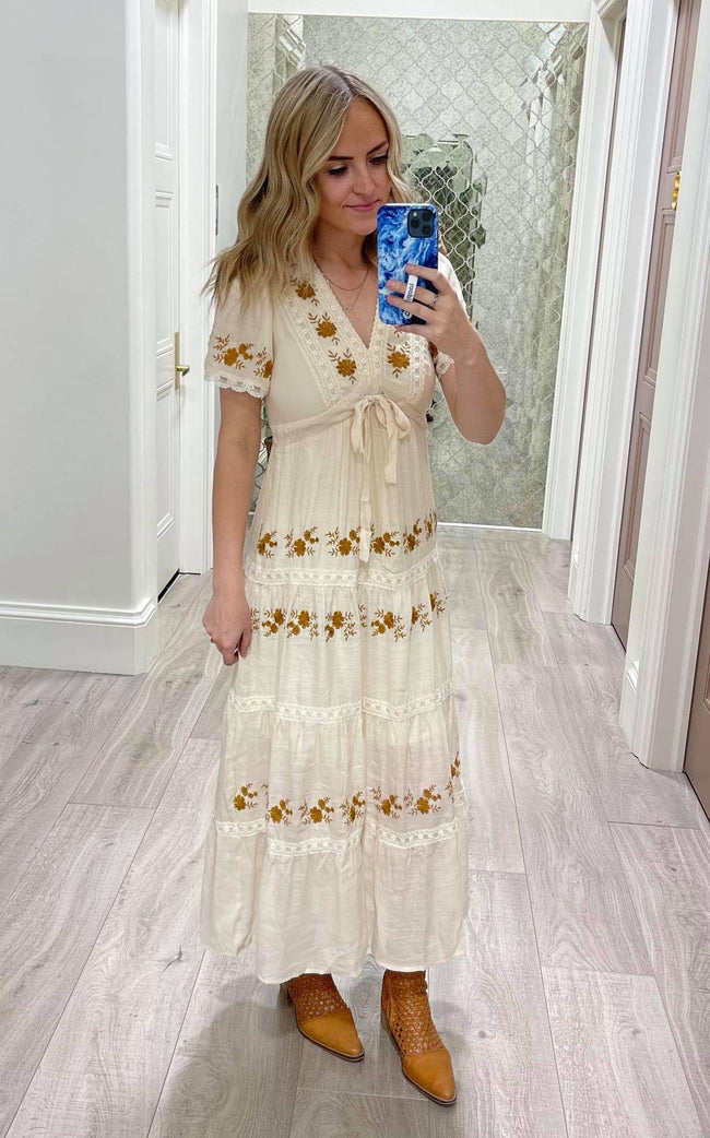CREAM AND CAMEL EMBROIDERED FLORAL DRESS