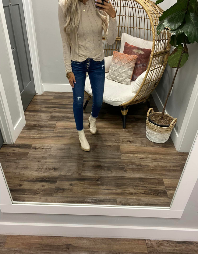 TAUPE MOCK NECK EXPOSED SEAM LONG SLEEVE TOP