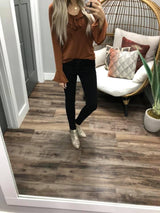 RUST TIE FRONT RUFFLE TOP