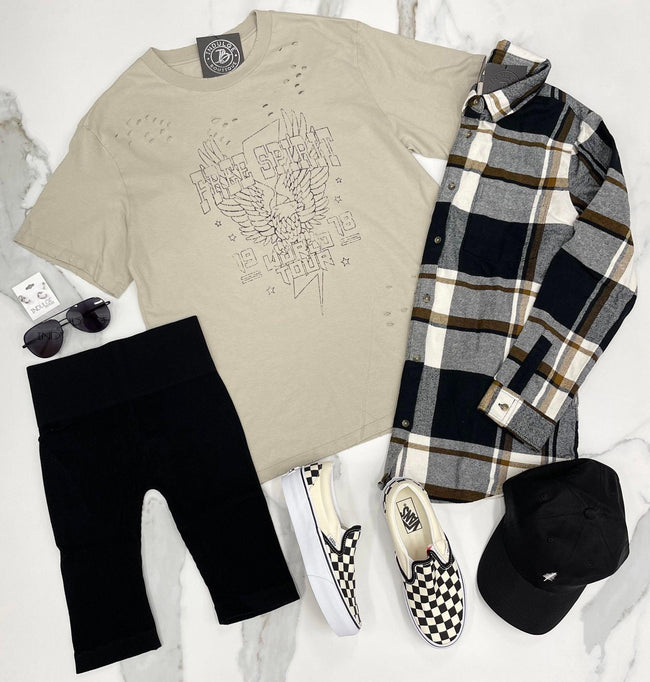 TAUPE DISTRESSED OVERSIZED FREE SPIRIT GRAPHIC TEE