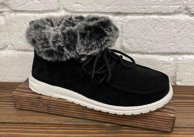 BLACK FUR TRIM LACE UP SHOES