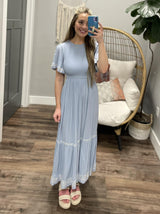 DUSTY BLUE SMOCKED EMBROIDERED DETAIL DRESS