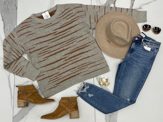 GREY AND CAMEL STRIPE SWEATER TOP