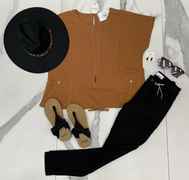 CAMEL POCKET DRAWSTRING BLOUSE