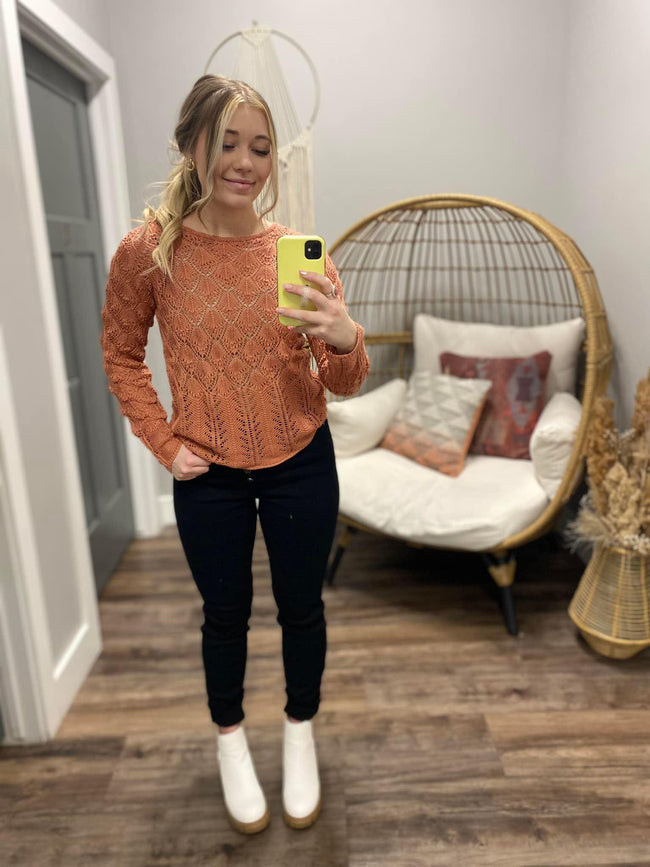 DARK PEACH POINTELLE SWEATER TOP