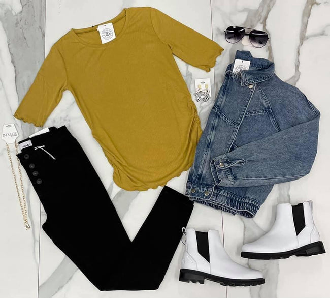MUSTARD RUCHED SIDE RIBBED TOP