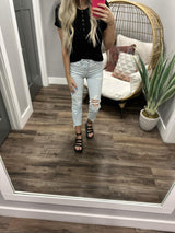 SHE'S A TEN BLACK RIBBED HENLEY SHORT SLEEVE TOP