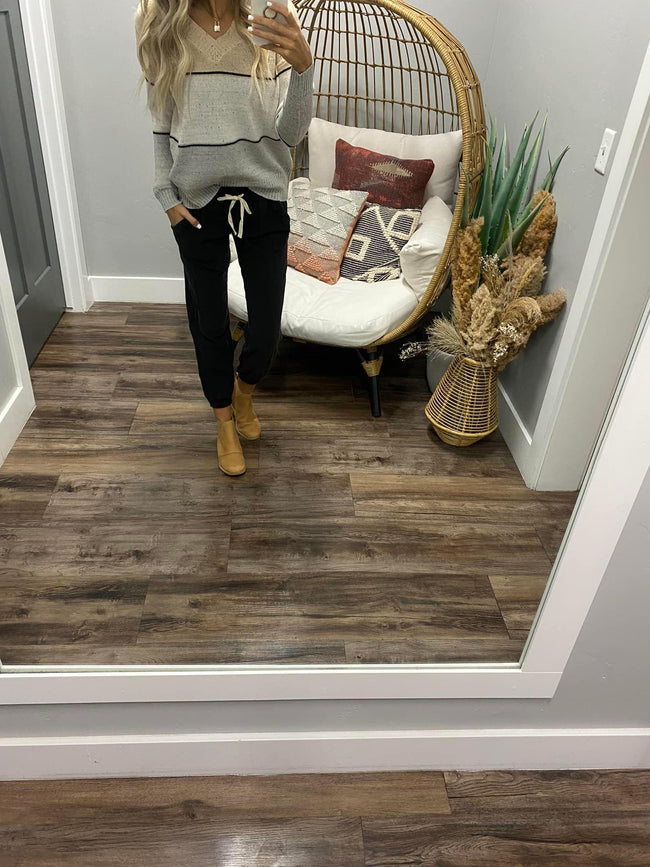 OATMEAL GREY BLACK STRIPE SPECKLED V NECK SWEATER