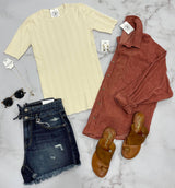 CREAM RIBBED LIGHT WEIGHT SWEATER TOP