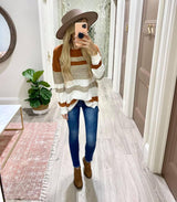 RUST CREAM AND TAUPE STRIPE SWEATER