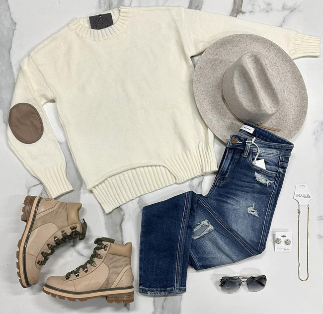 CARMEN IVORY LEATHER PATCH SWEATER TOP