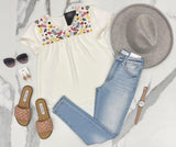 WHITE EMBROIDERED FLORAL TRIM SLEEVE BLOUSE
