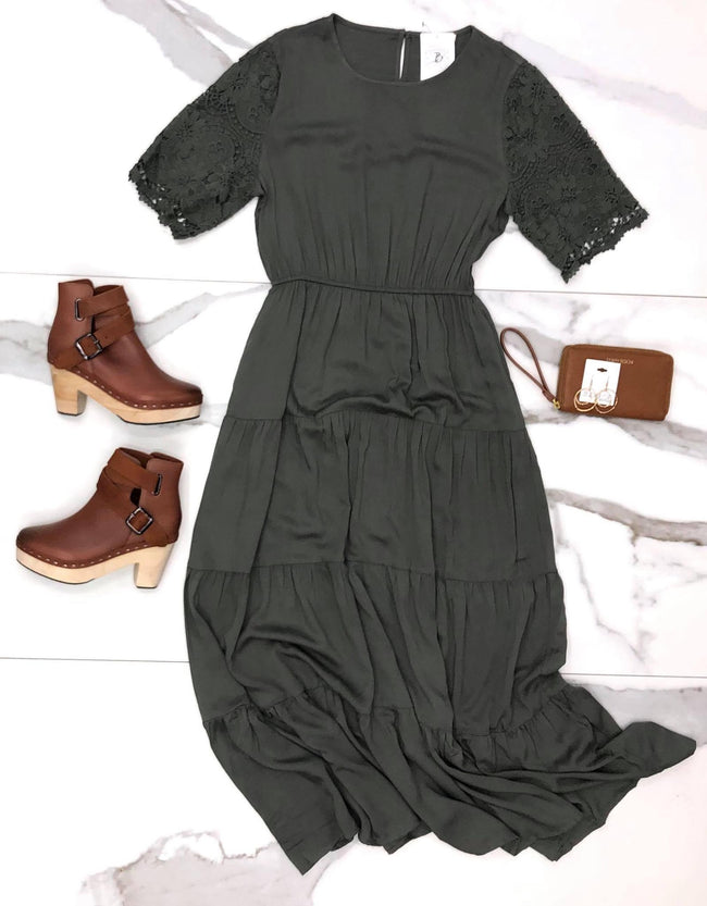 OLIVE LACE ACCENT DRESS