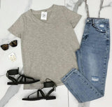 KHAKI RIBBED V NECK TEE