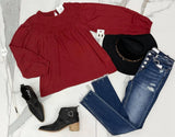 BURGUNDY LONG SLEEVE SWISS DOT BLOUSE