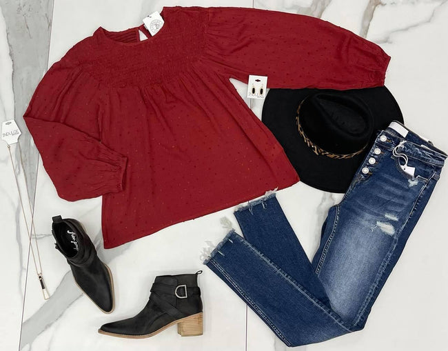 BURGUNDY LONG SLEEVE SWISS DOT BLOUSE