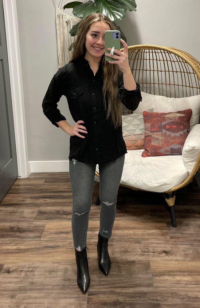 FREY WASHED BLACK BUTTON UP BLOUSE