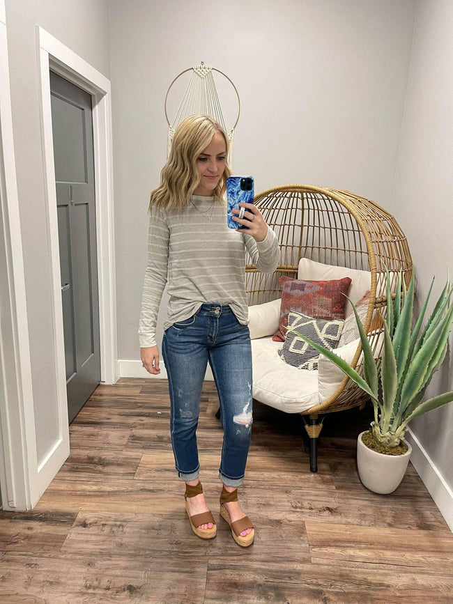 HEATHER GREY STRIPE LONG SLEEVE TOP