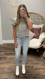 DENIM BLUE FLORAL RUFFLE BLOUSE