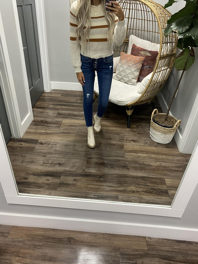 IVORY/CAMEL/GREY STRIPE CROTCHET SWEATER
