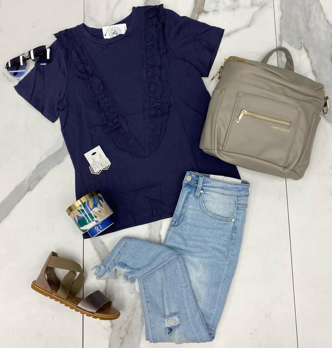 NAVY RUFFLE DETAIL BLOUSE TOP