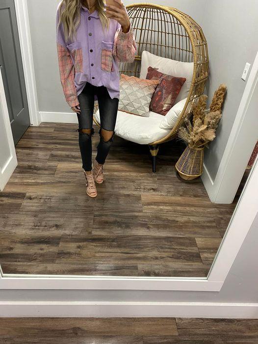 LAVENDER PLAID SLEEVE OVERSIZED SHACKET