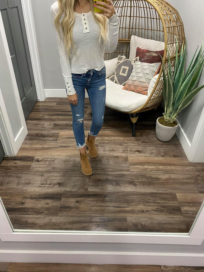 IVORY BUTTON UP HENLEY TOP