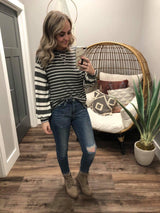 CHARCOAL STRIPE BALLOON SLEEVE SWEATER TOP