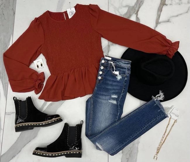 BRICK SMOCKED HEM BLOUSE