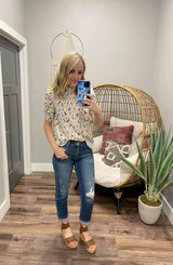 SMOCKED ABSTRACT LEAF RUCHED SLEEVE BLOUSE