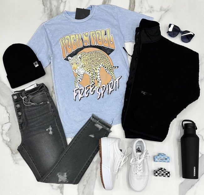 WASHED BLUE ROCK N ROLL FREE SPIRIT LEOPARD TEE