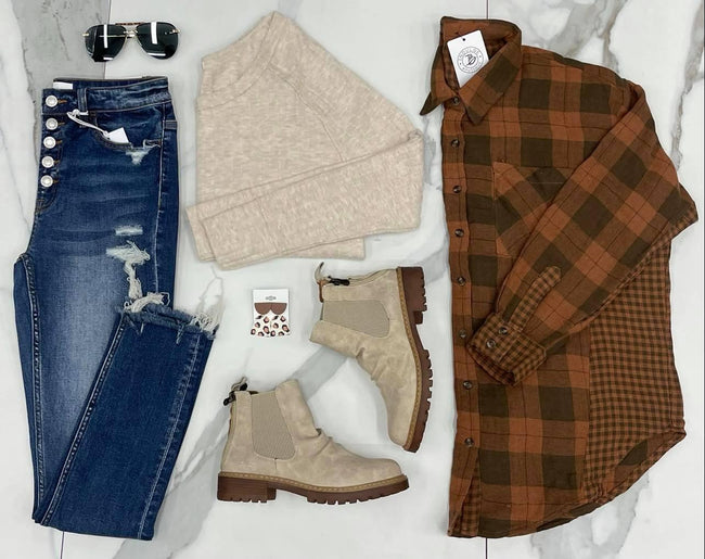 RUST PLAID GINGHAM BUTTON UP TOP