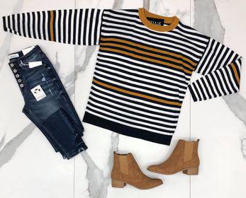 NAVY AND MUSTARD STRIPE SWEATER